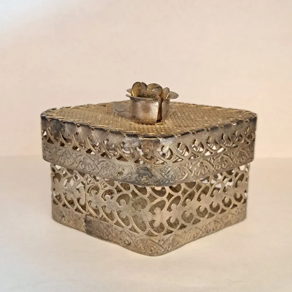 Vintage Metal Box Container Filigree Trinket with Lid and Rose on Top